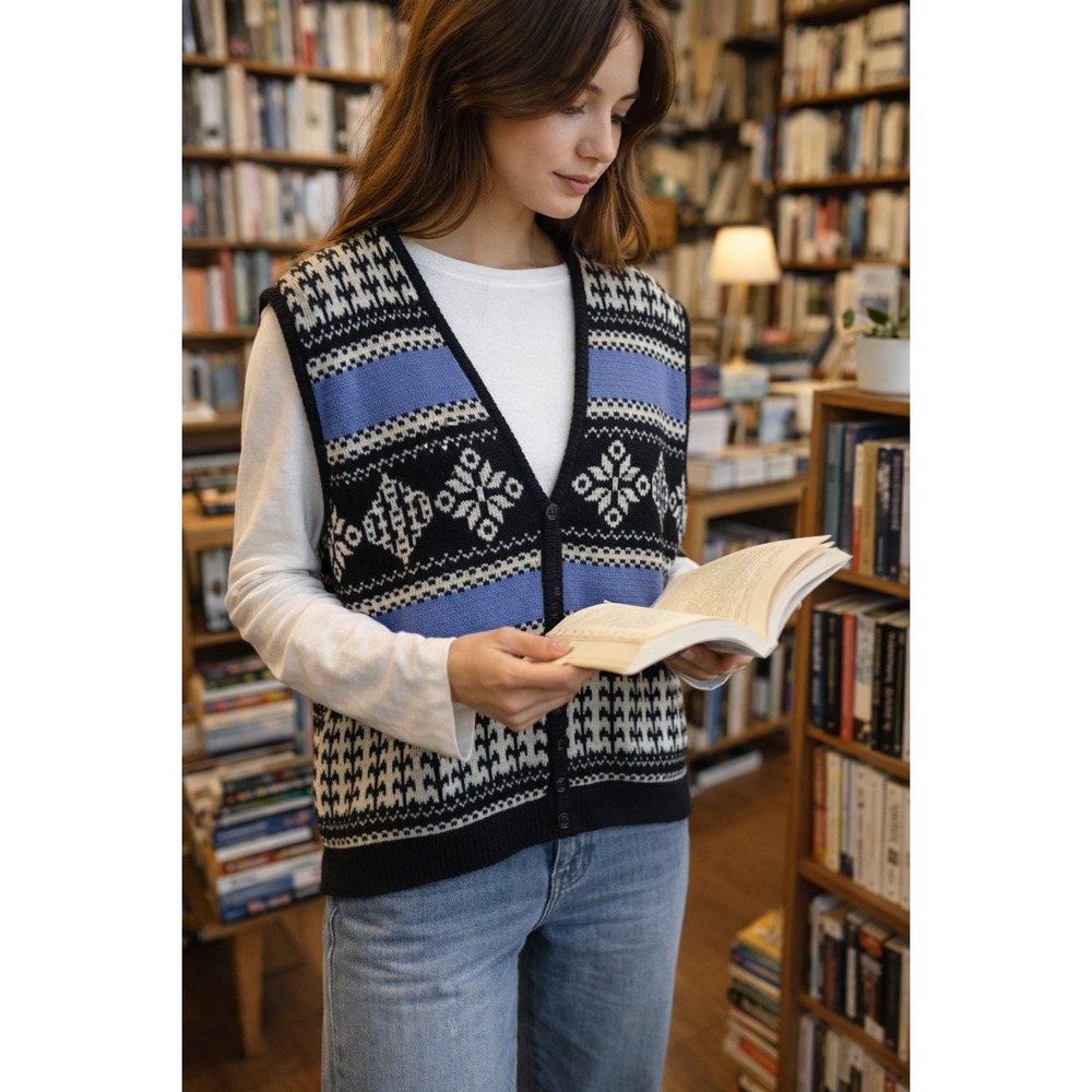 Vintage ESPRIT SPORT Med‎ Nordic Fair Isle Knit Sweater Vest Women's Black Blue
